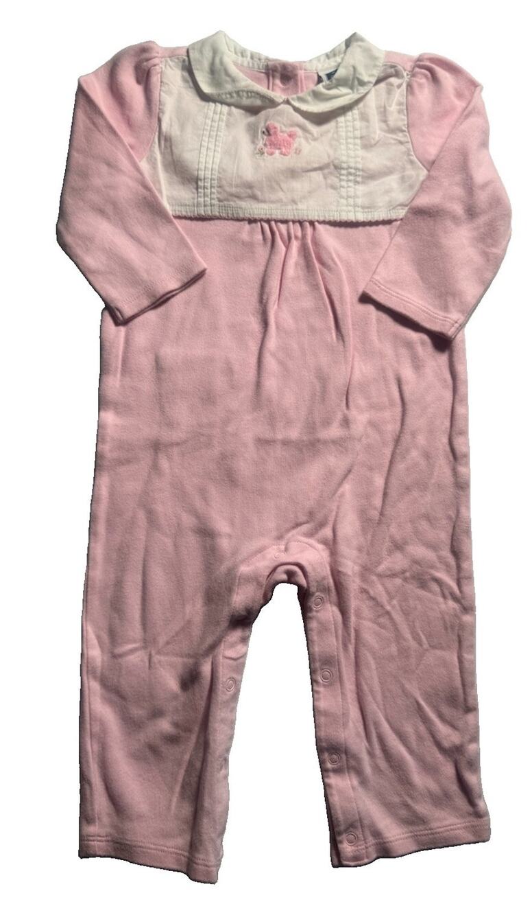 Janie and Jack Baby Girl 12-18M Pink Romper Poodle Peter Pan Collar Cotton